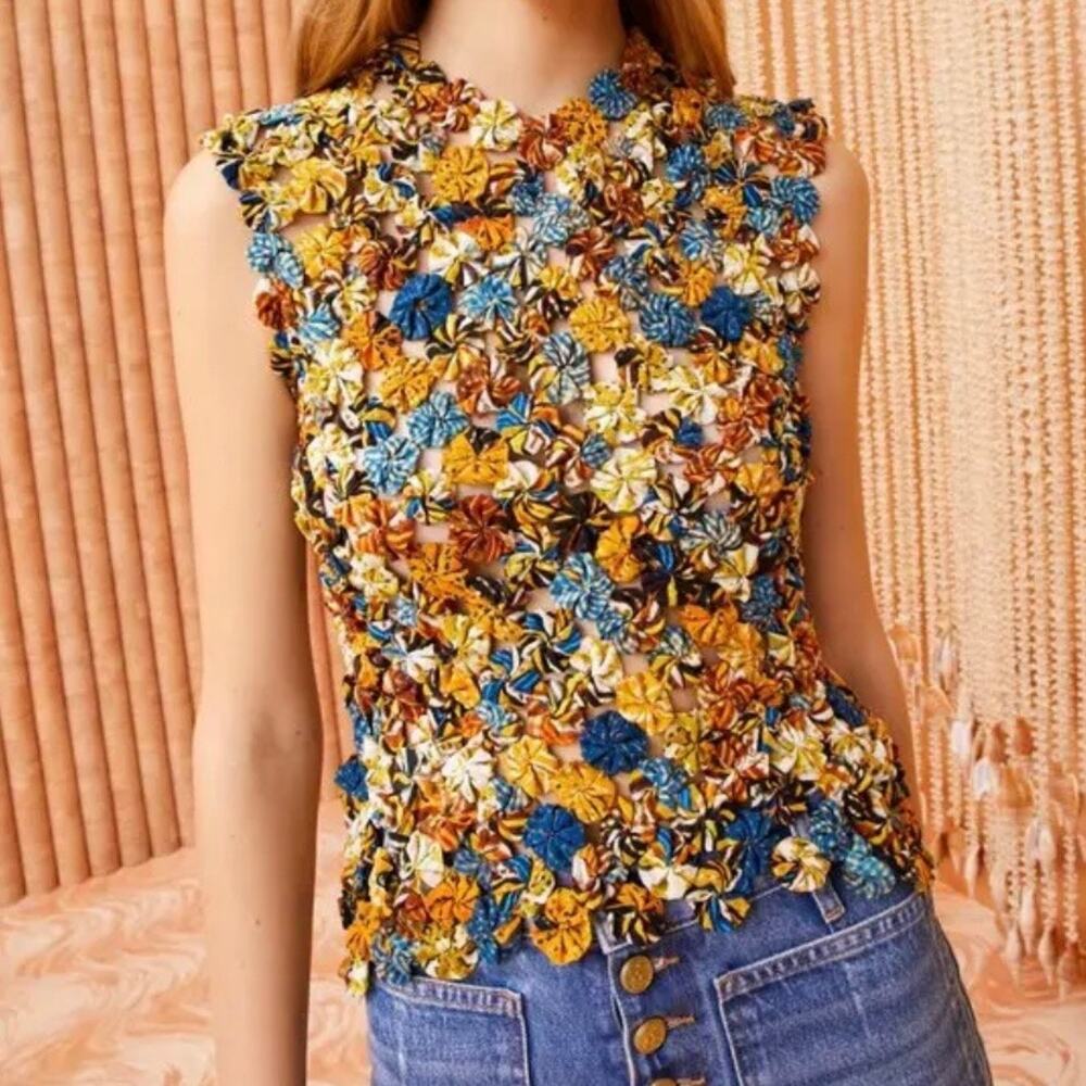 Ulla Johnson Matilda Silk Rosette Crochet Sleeveless Top Kaleidoscope Size L